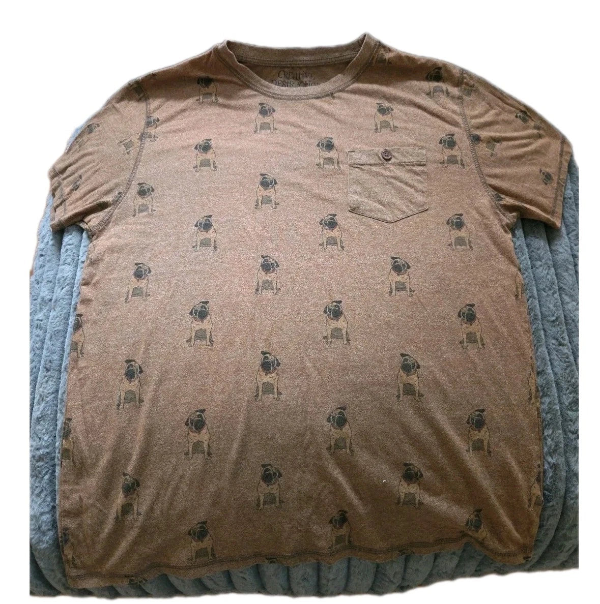 Creative Destruction Chocolate Brown Pug T Shirt w/Button Front Pocket-Sz L-PUGS