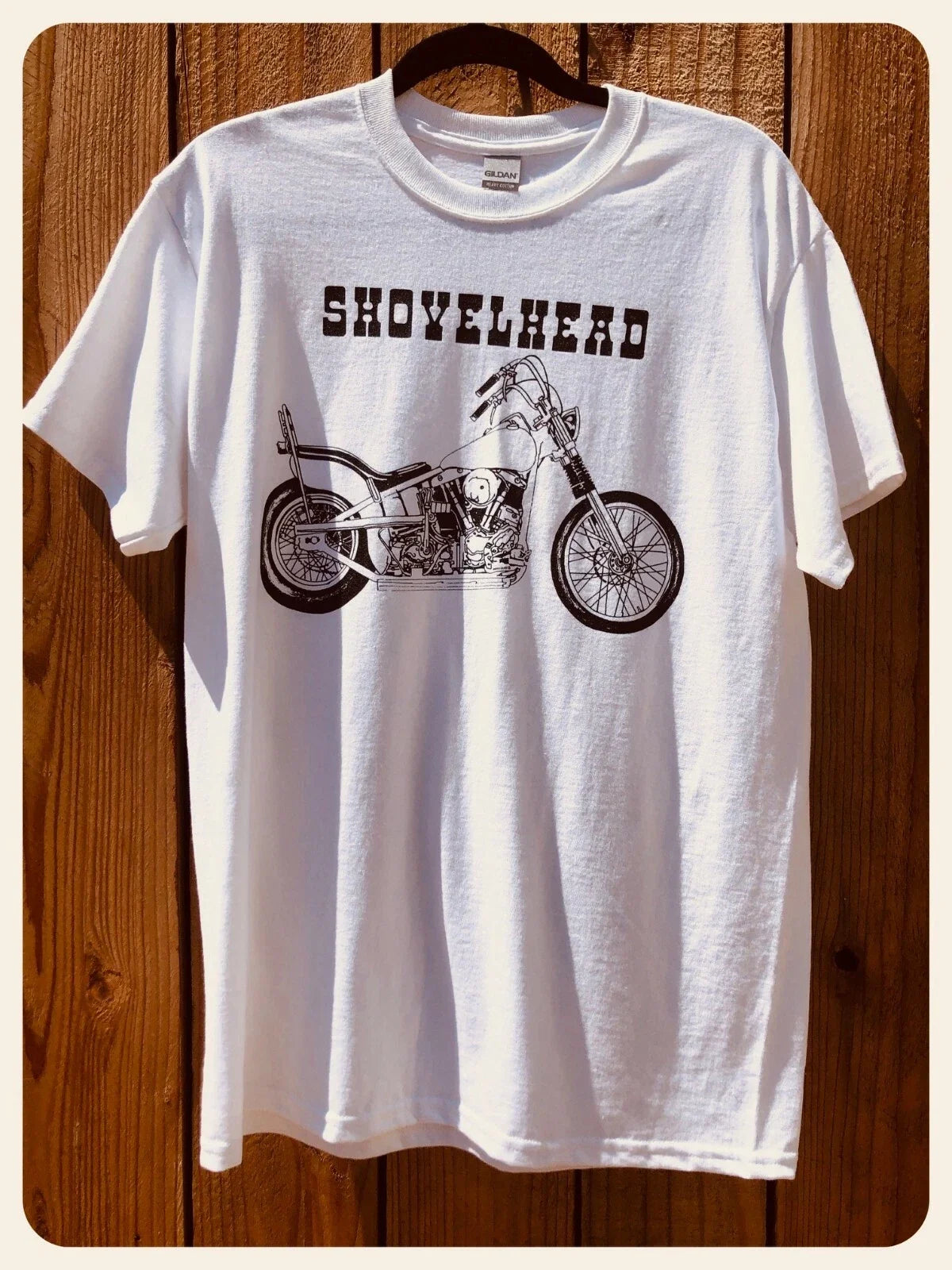 SHOVELHEAD BIKE White tee shirt chopper harley rigid frame springer engine vtg