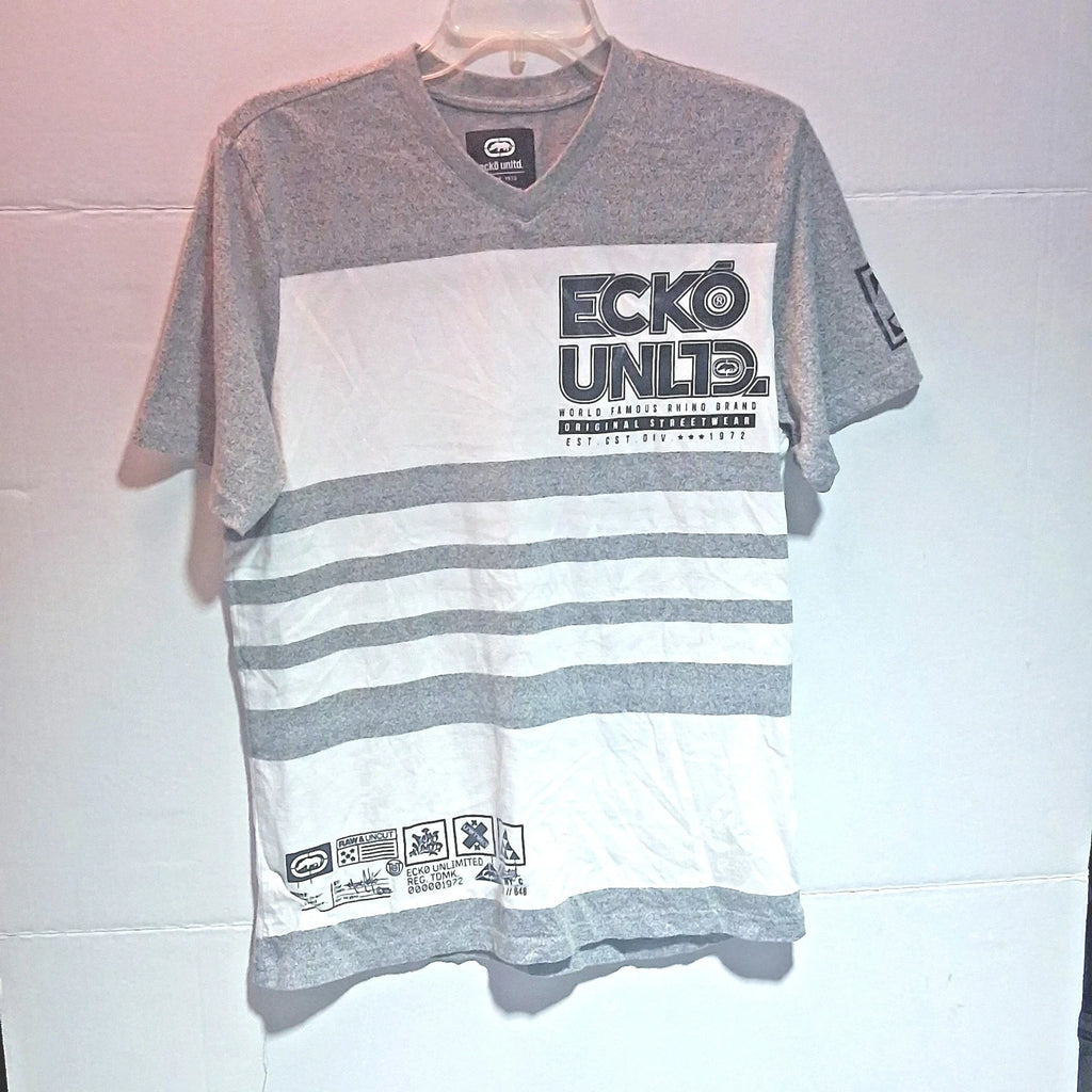 Ecko Unlimited Famous Rhino Gray Men's V-Neck T-Shirt Small Vintage Streetwear