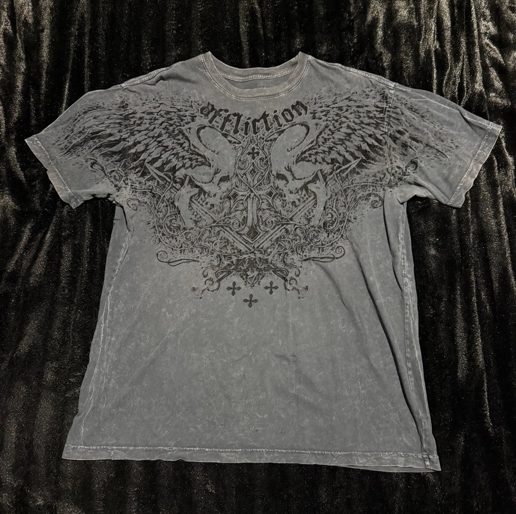 Affliction Y2K Grunge Grey Skull Wings Homage T Shirt Biker Mens Size XL USA
