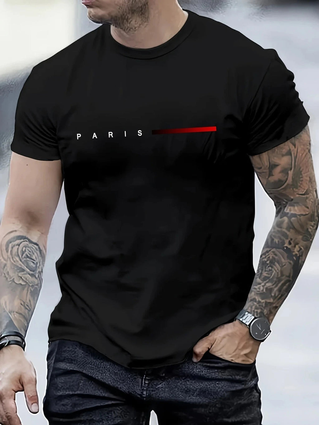 Men's Cotton T Shirt Loose PARIS Creative Letter Print Casual T Shirt