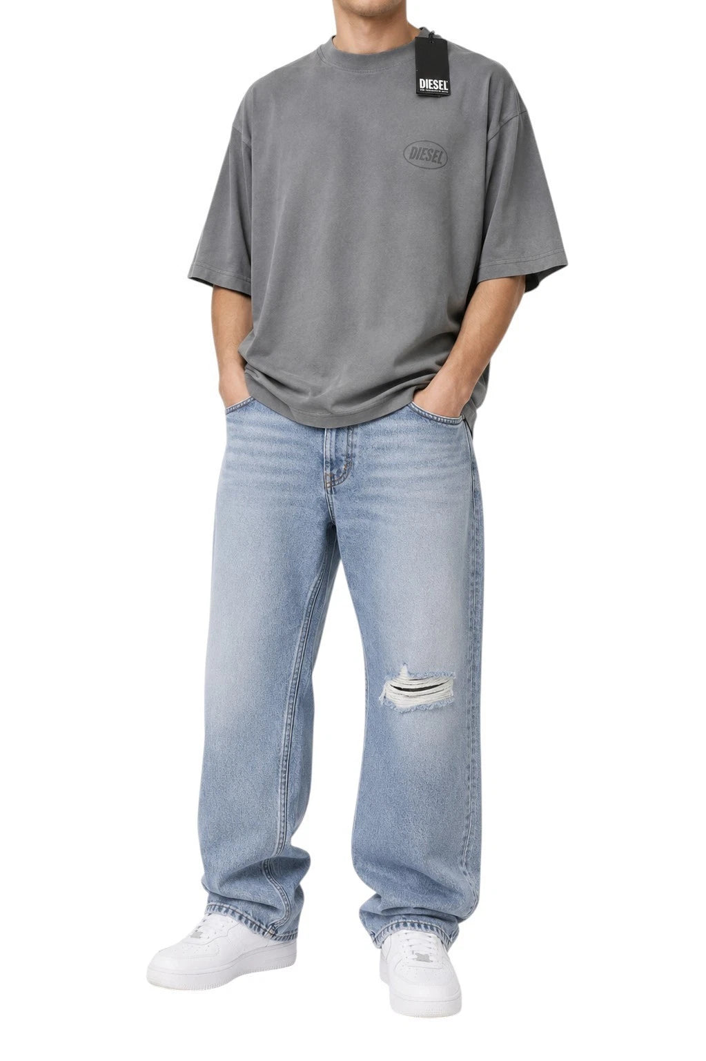 Diesel T-Wash-Out Men’s Oversized T-Shirt L Gray Cotton Crewneck Short Sleeve