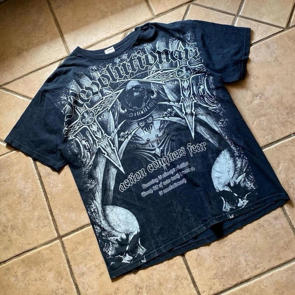 Y2k Grunge Style Cross and Skulls Graphic Shirt Size XLRG Mens Black