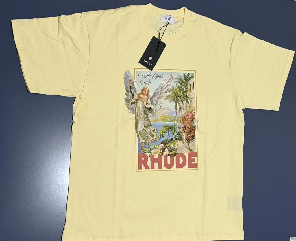 RHUDE Angel Graphic Print T-Shirt Yellow Men's Regular Fit Size L