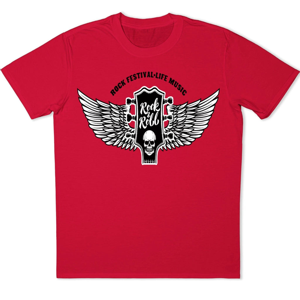 Rock N Roll Skull Guitar Wings Graphic T-Shirt Festival Music Tee Biker Band
