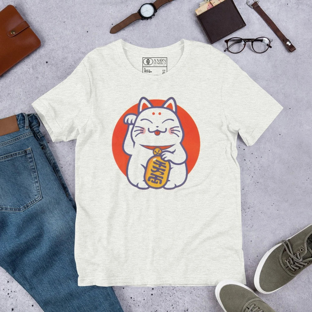 Japanese Maneki Neko Lucky Cat Tee Fortune Wealth Gold Coin Soft Cotton Tee