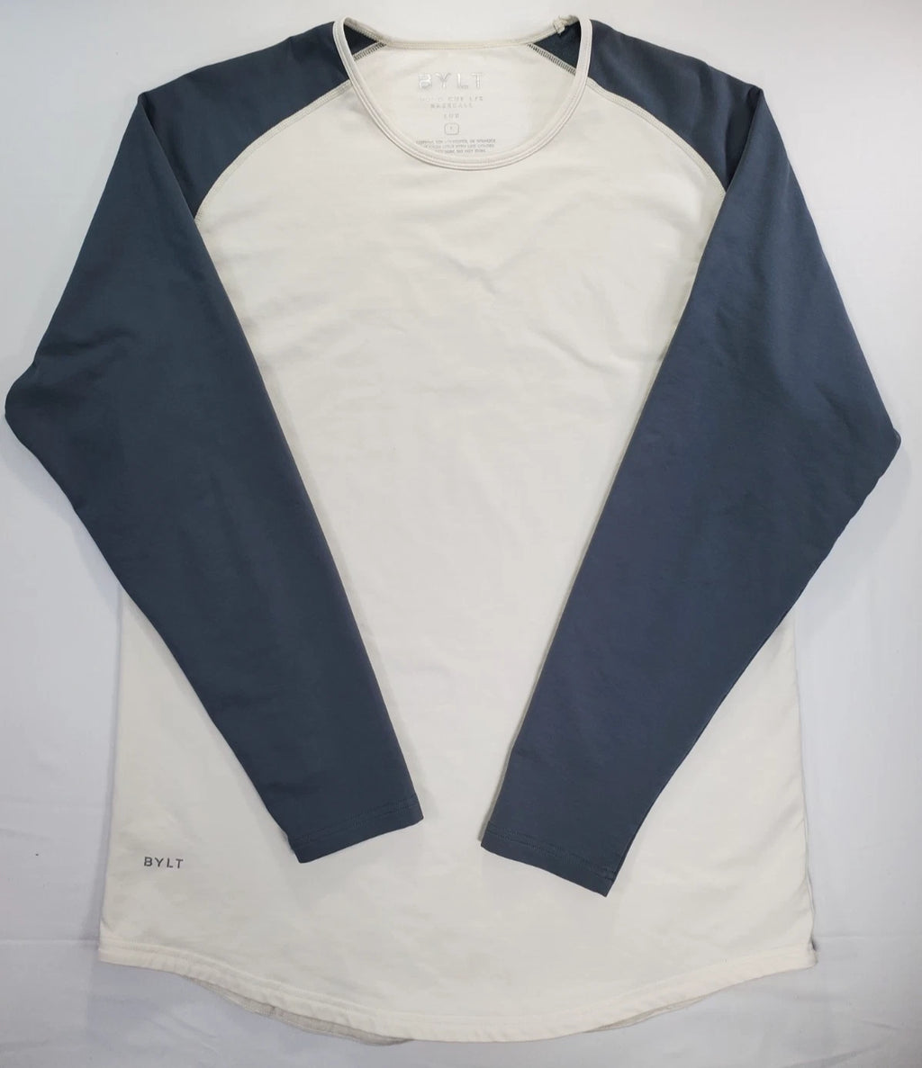 BYLT Basics Drop Cut Lux Raglan Tee Men's L Cream Green Long Sleeve Stretch