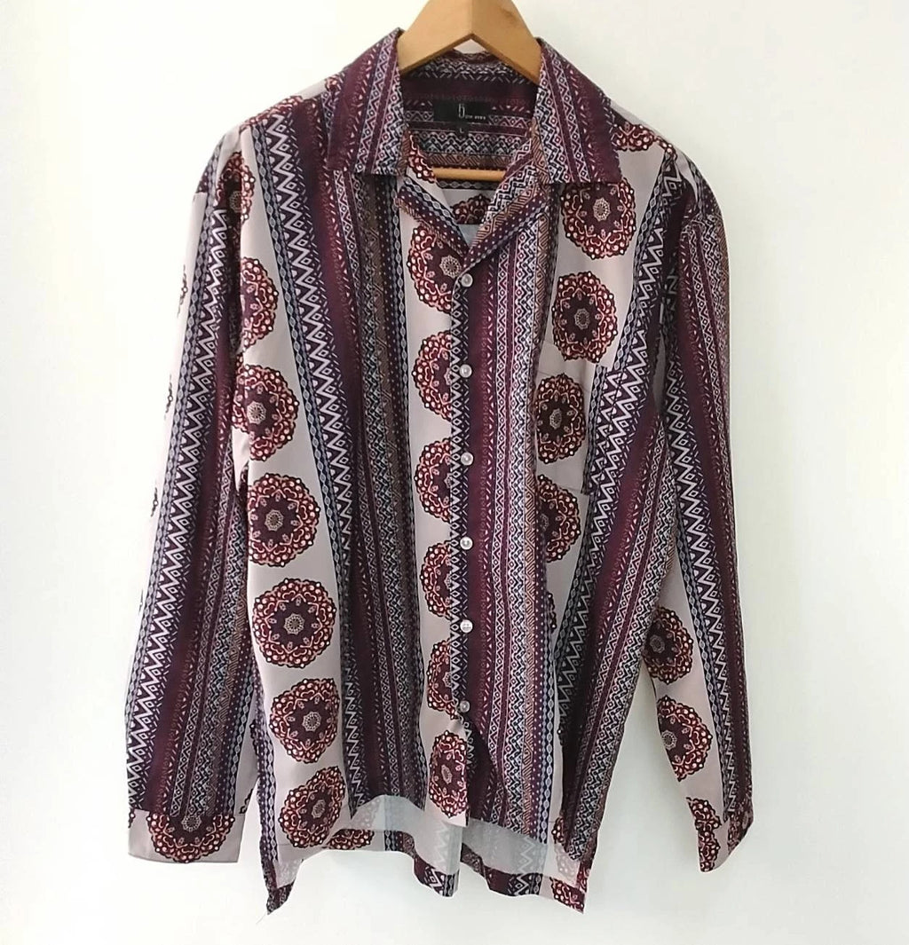 Retro 70s Style Men's Shirt Mandala Geometric Print Large Boho Long Sleeve