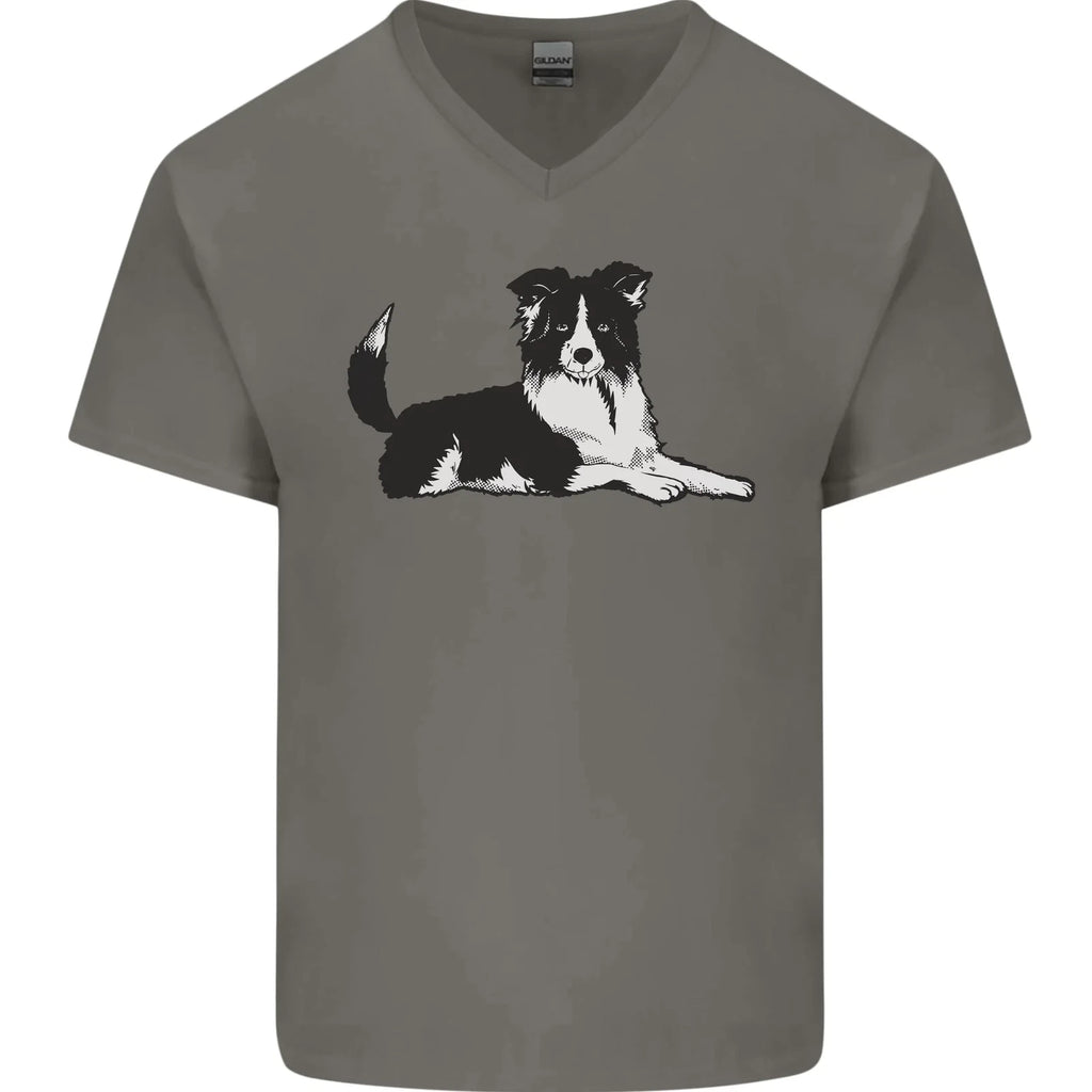 A Border Collie Dog Lying Down Mens V-Neck Cotton T-Shirt