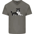 A Border Collie Dog Lying Down Mens V-Neck Cotton T-Shirt