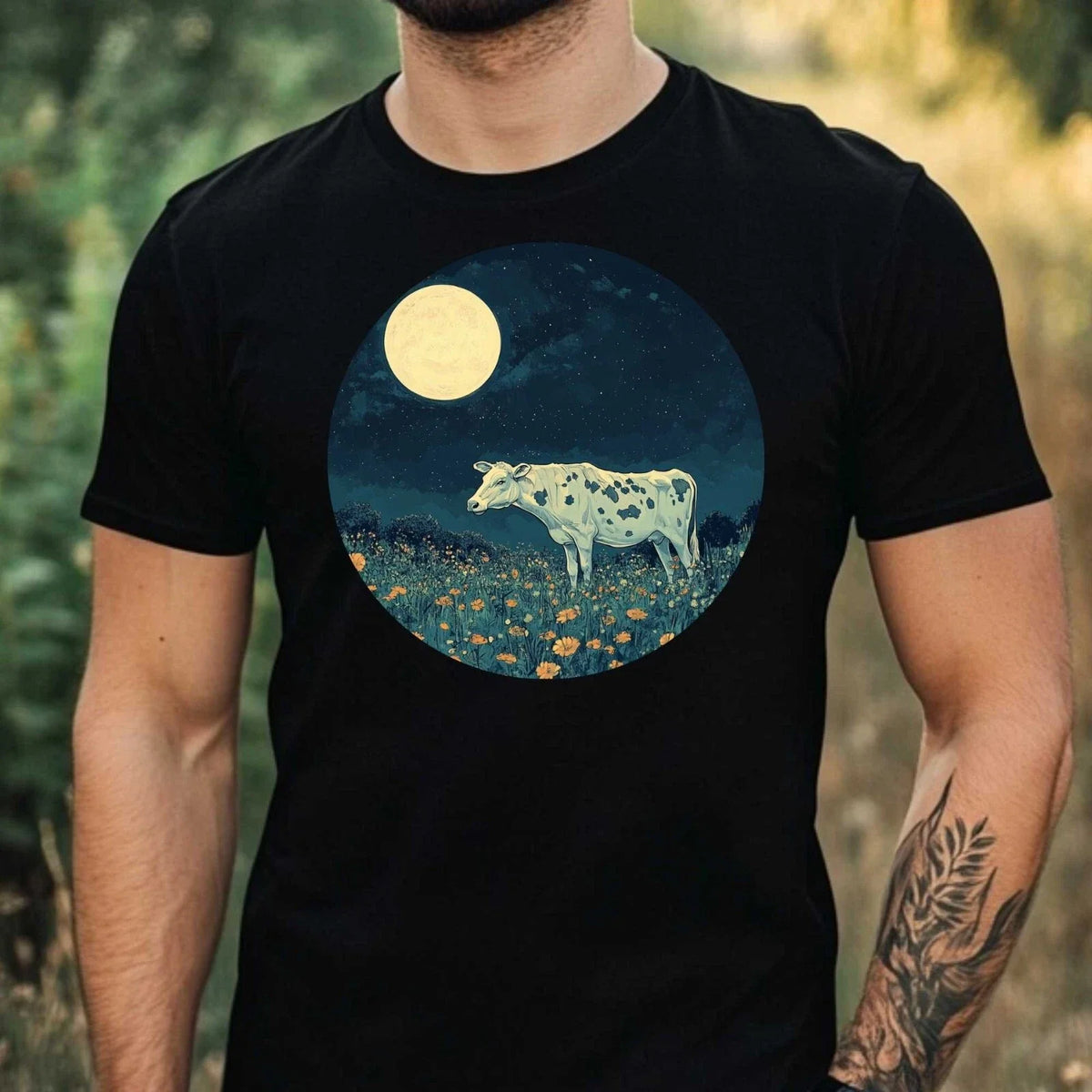 Mens Cow in Moonlight Motif Cotton T-Shirt Size XS to 5XL