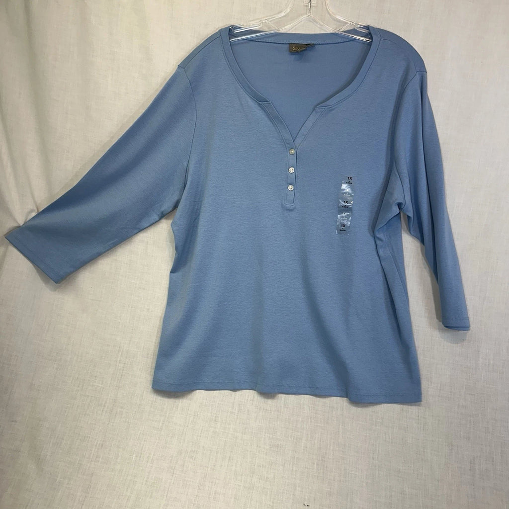 Style & Co. Women’s 1X NWT Blue 3/4 Sleeve Henley Top 100% Cotton