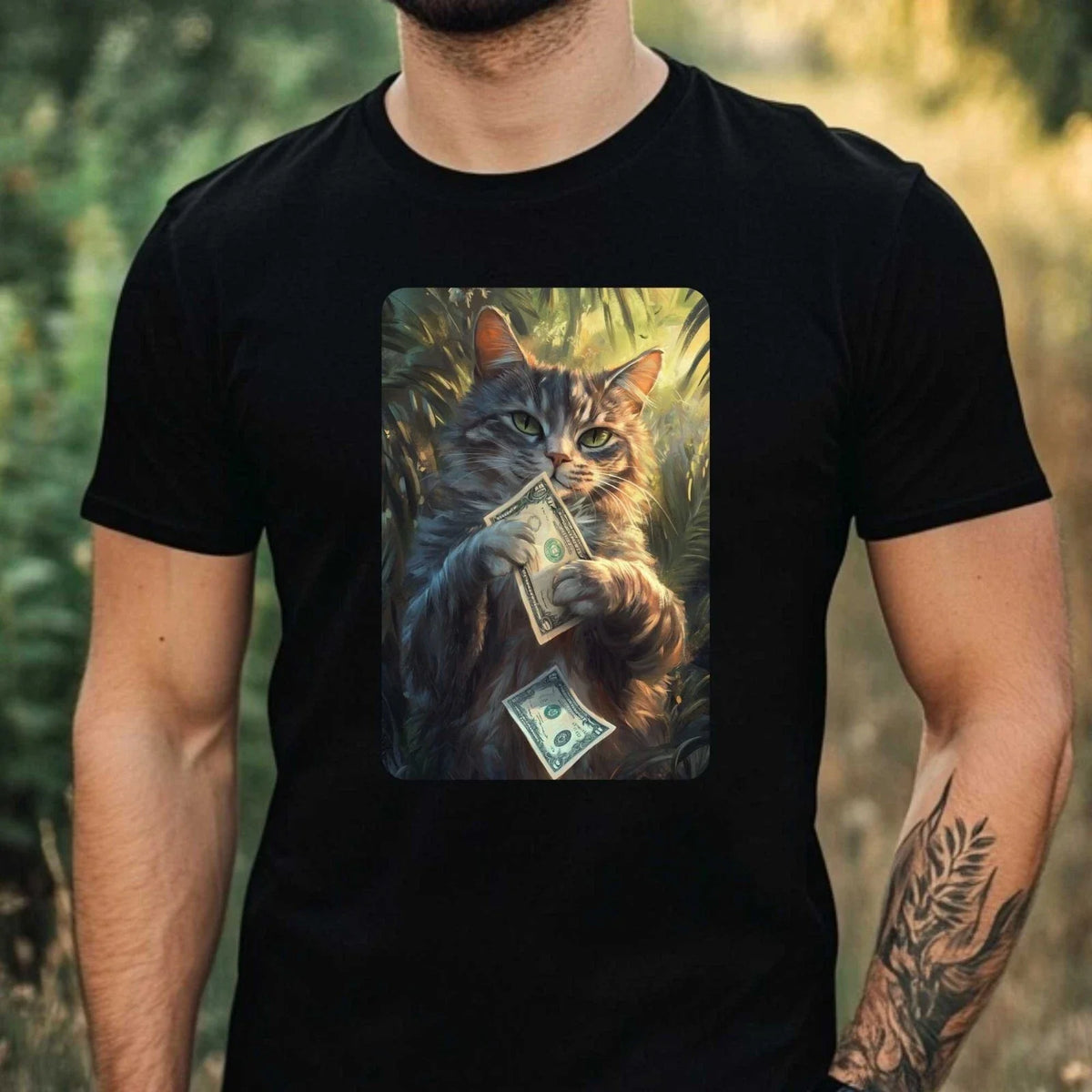 Mens Funny Cat Money Print Cotton T-Shirt Size XS to 5XL