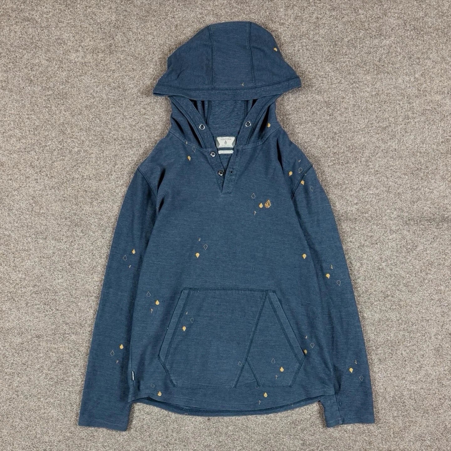Y2K Volcom Blue Hooded Long Sleeve Shirt Men’s Medium Stone Pattern Lightweight