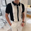 Men Slim Striped Knitted Lapel Collar T-Shirt Retro Short Sleeve Casual Fit Top