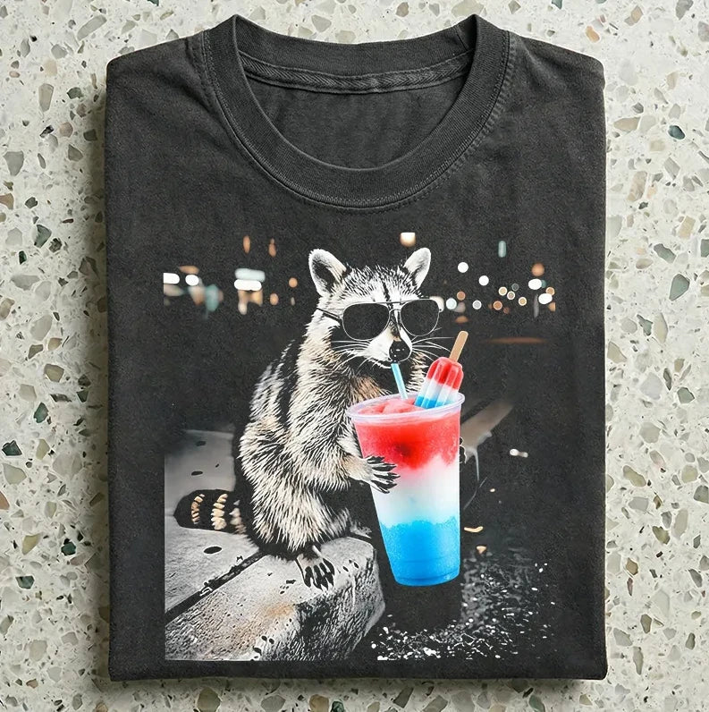 4th of July Raccoon Drinking Meme Red White Blue Popsicle Drink Print S-5XL