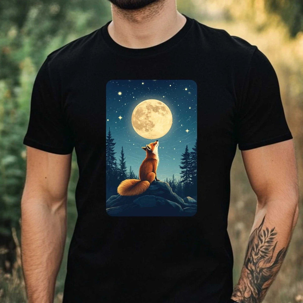 Mens Fox Full Moon Motif Cotton T-Shirt Size XS to 5XL