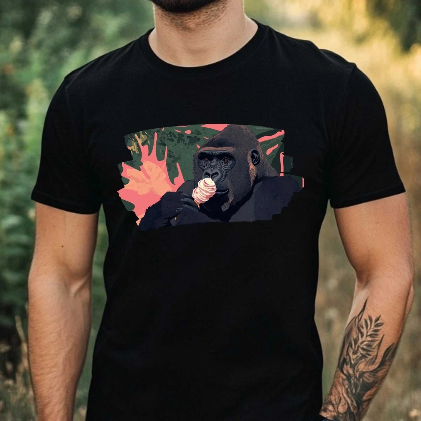 Mens Gorilla Eats Ice Cream Motif Cotton T-Shirt Size XS to 5XL