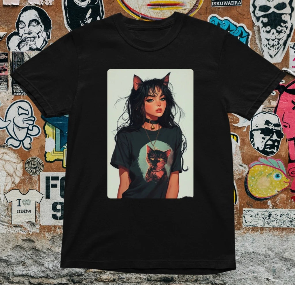 Anime Girl Cat Ears T Shirt Aesthetic Gothic Style Unisex Graphic Tee Harajuku S