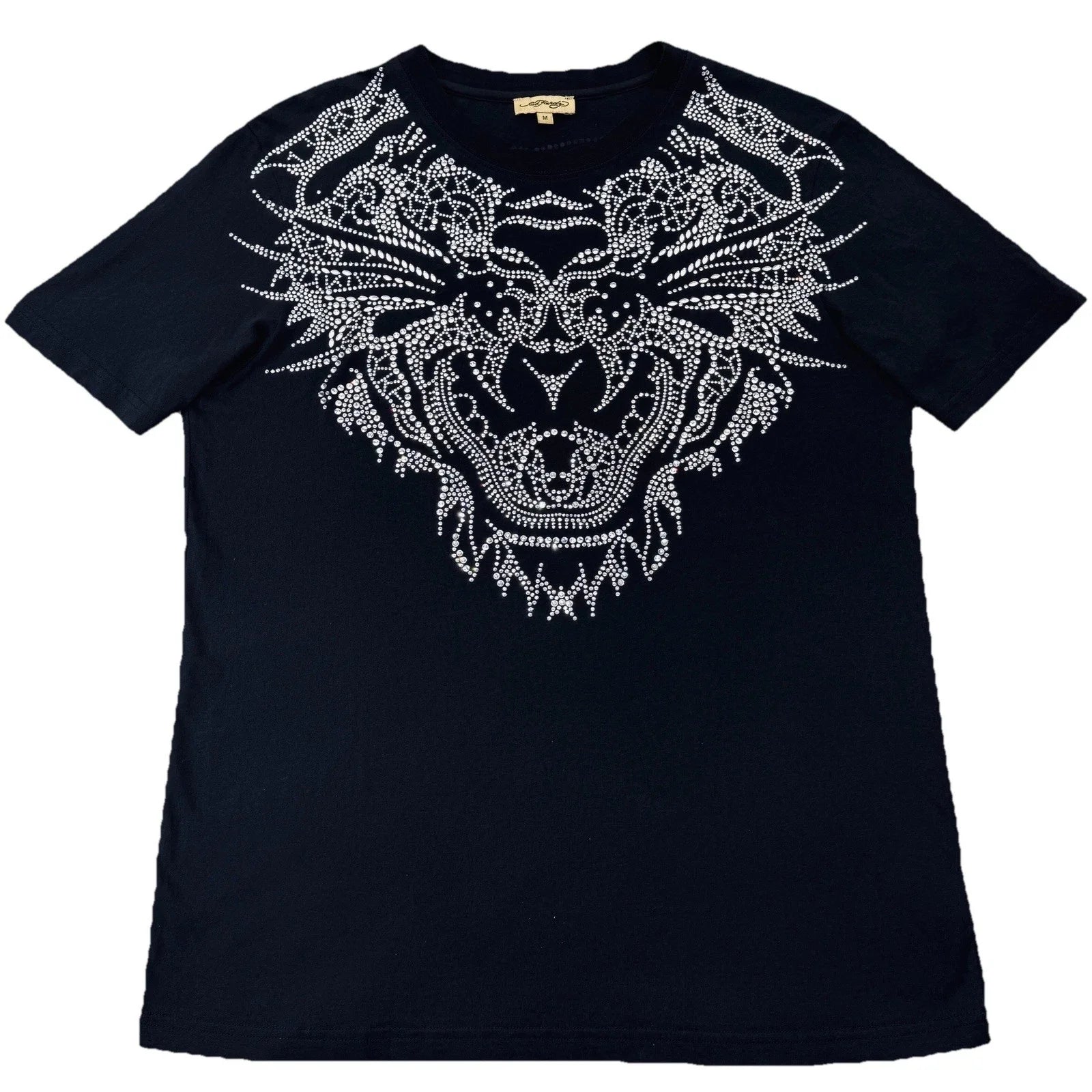 Ed Hardy Rhinestone Tiger T-Shirt Unisex Medium Black Vintage Y2K Gold Label