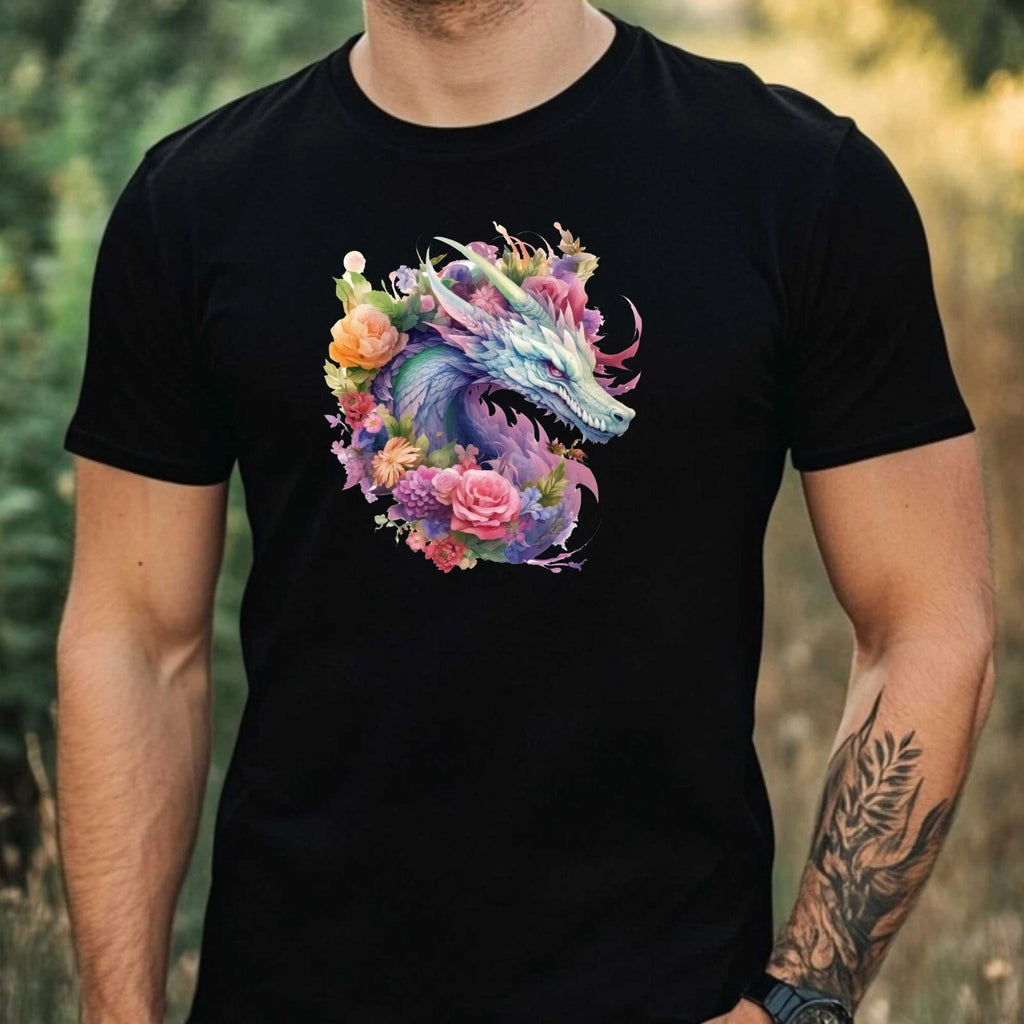 Mens Watercolour Floral Dragon Motif Cotton T-Shirt Size XS to 5XL