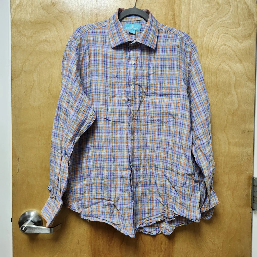Toscano Size L 100% Linen Shirt Earthtones Plaid Long sleeve