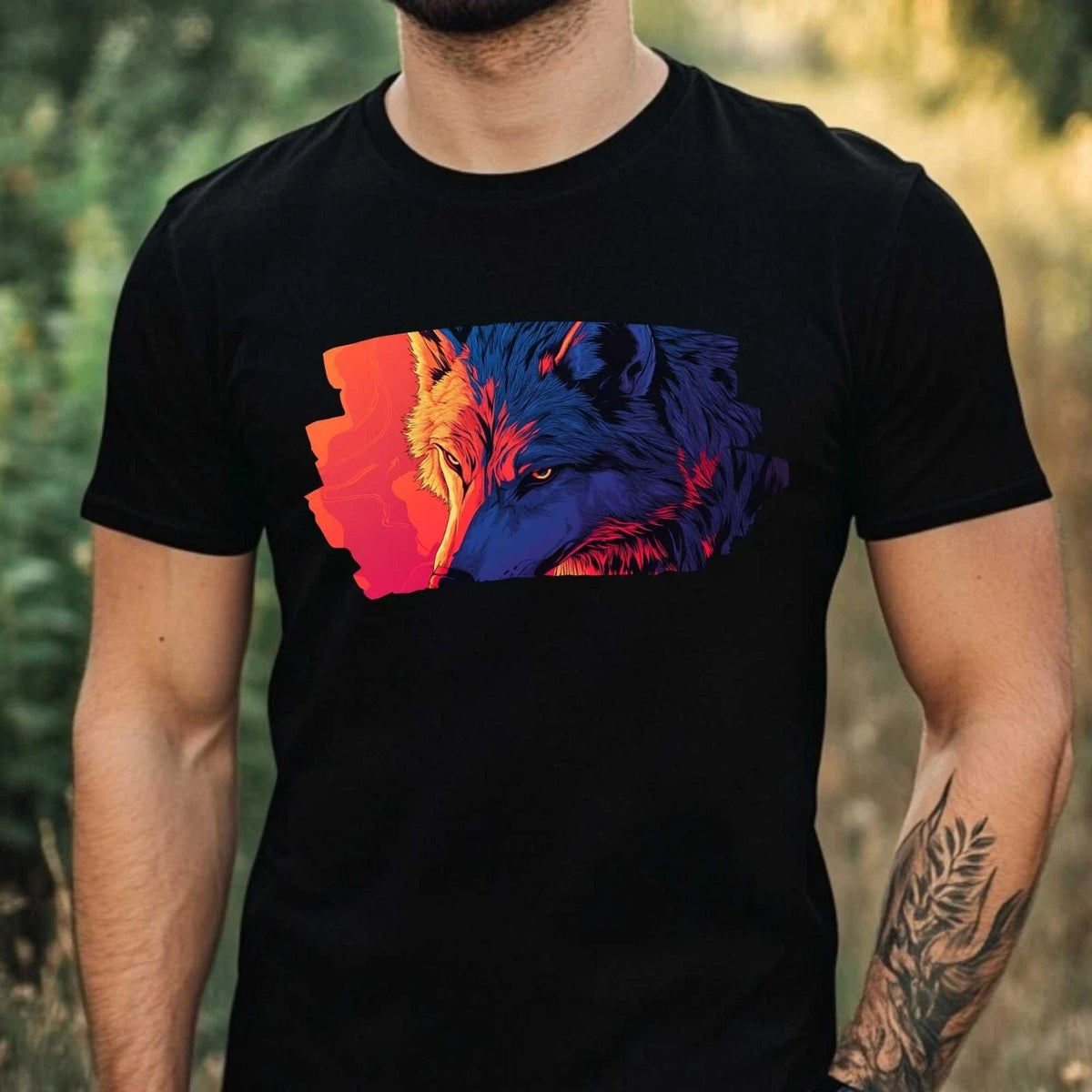 Mens Anime Wolf Motif Cotton T-Shirt Size XS to 5XL
