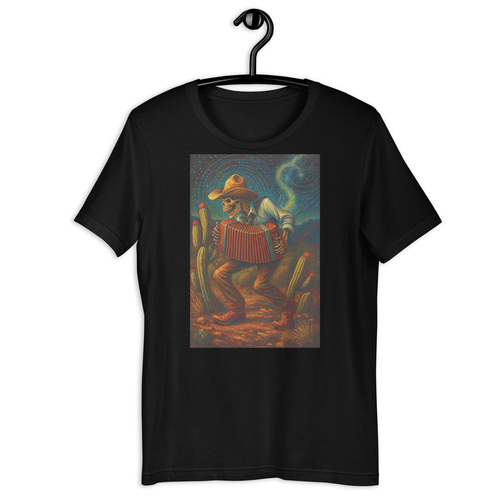 Skeleton Accordion Player Desert Cowboy Mexican Folk Art T-Shirt