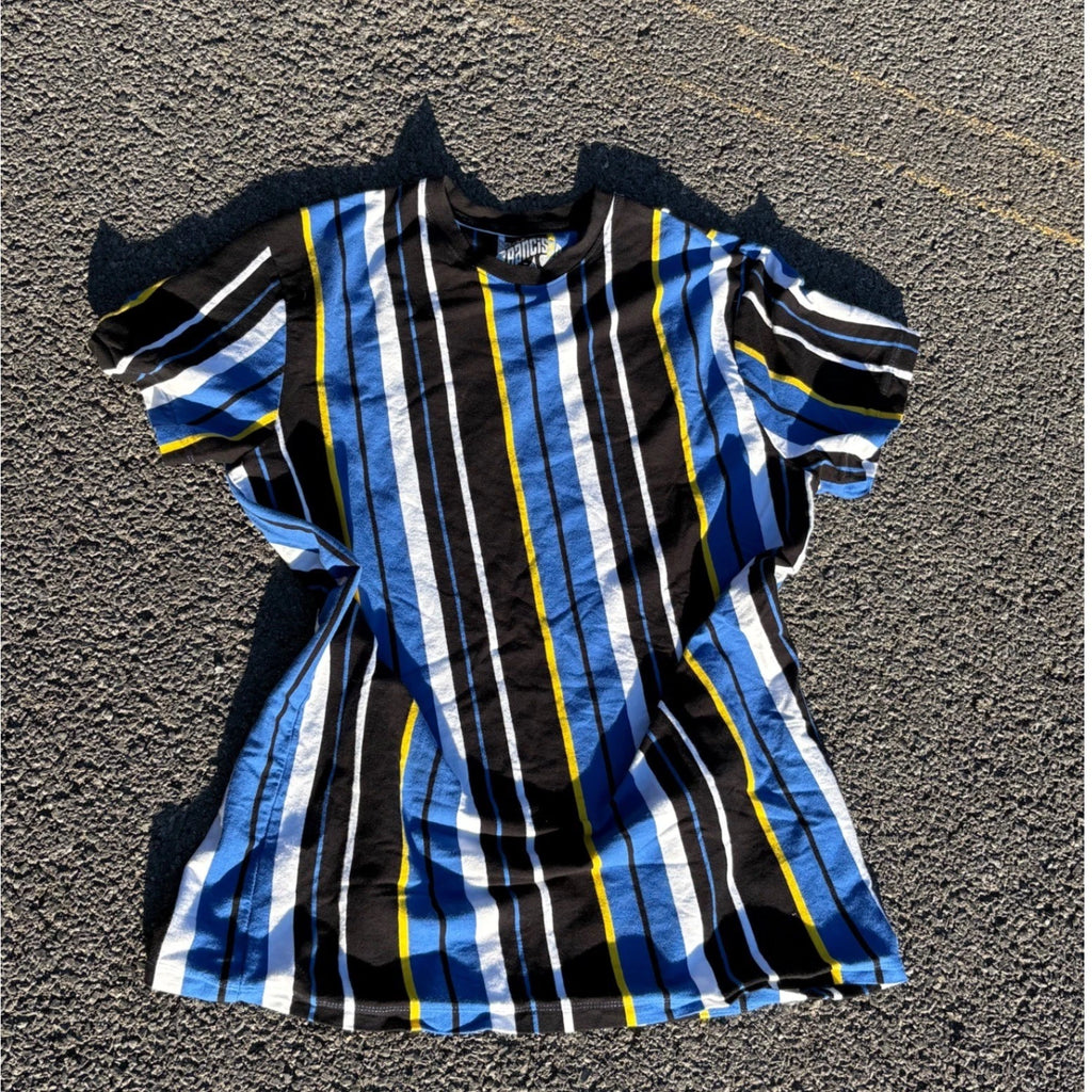 Mens Vertical Stripe T Shirt Large Blue Black Yellow Retro Streetwear