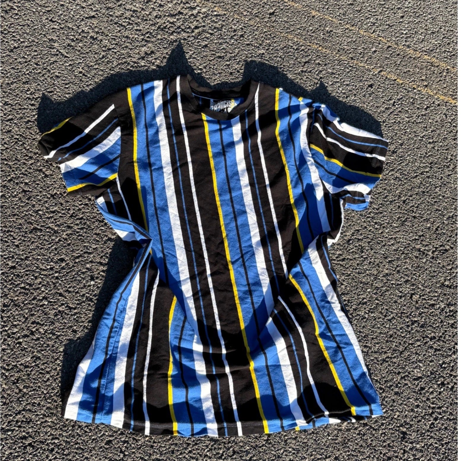 Mens Vertical Stripe T Shirt Large Blue Black Yellow Retro Streetwear
