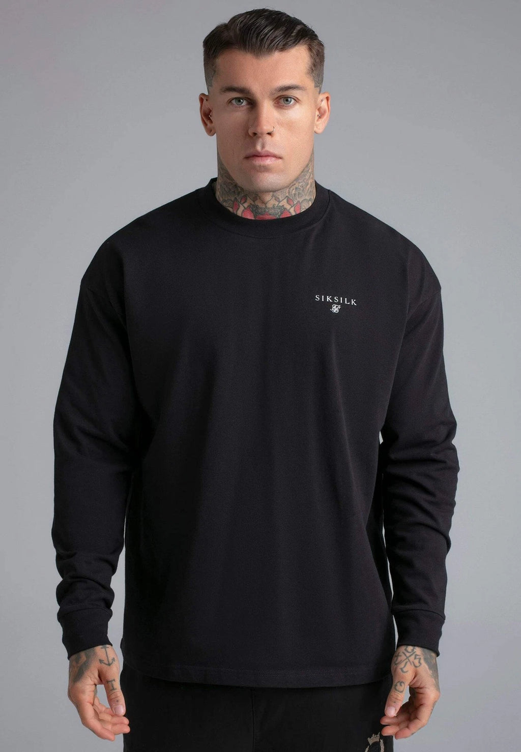 SikSilk Men's Oversized Fit Crew Neck Long Sleeve T-Shirt Tee Black