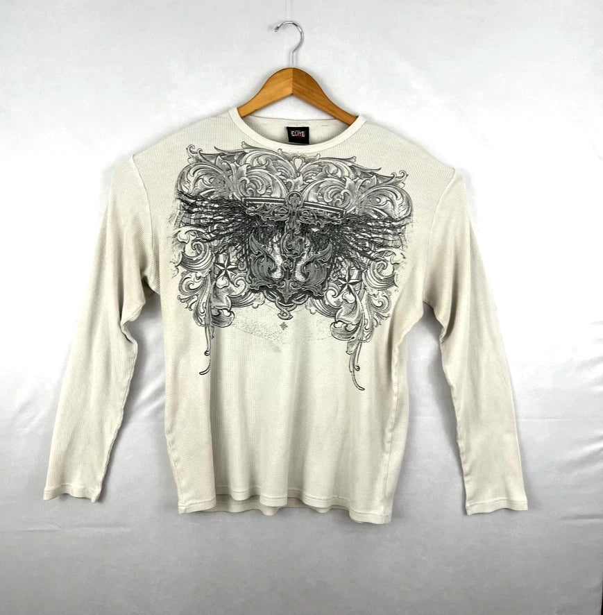 MMA Elite Shirt Mens XXL Off White Thermal Vintage Y2K Goth Grunge Cross Wings