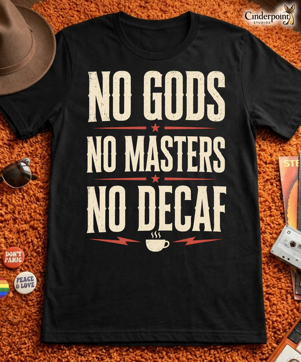 No Gods No Masters No Decaf Shirt Funny Anarchist Coffee Lovers Tee Black XS-5XL