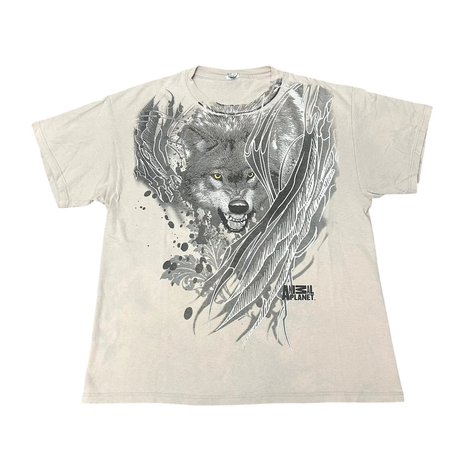 Vintage Y2K Tribal Animal Planet Wolf T-shirt Sz L Cyber Tattoo Worn Distressed