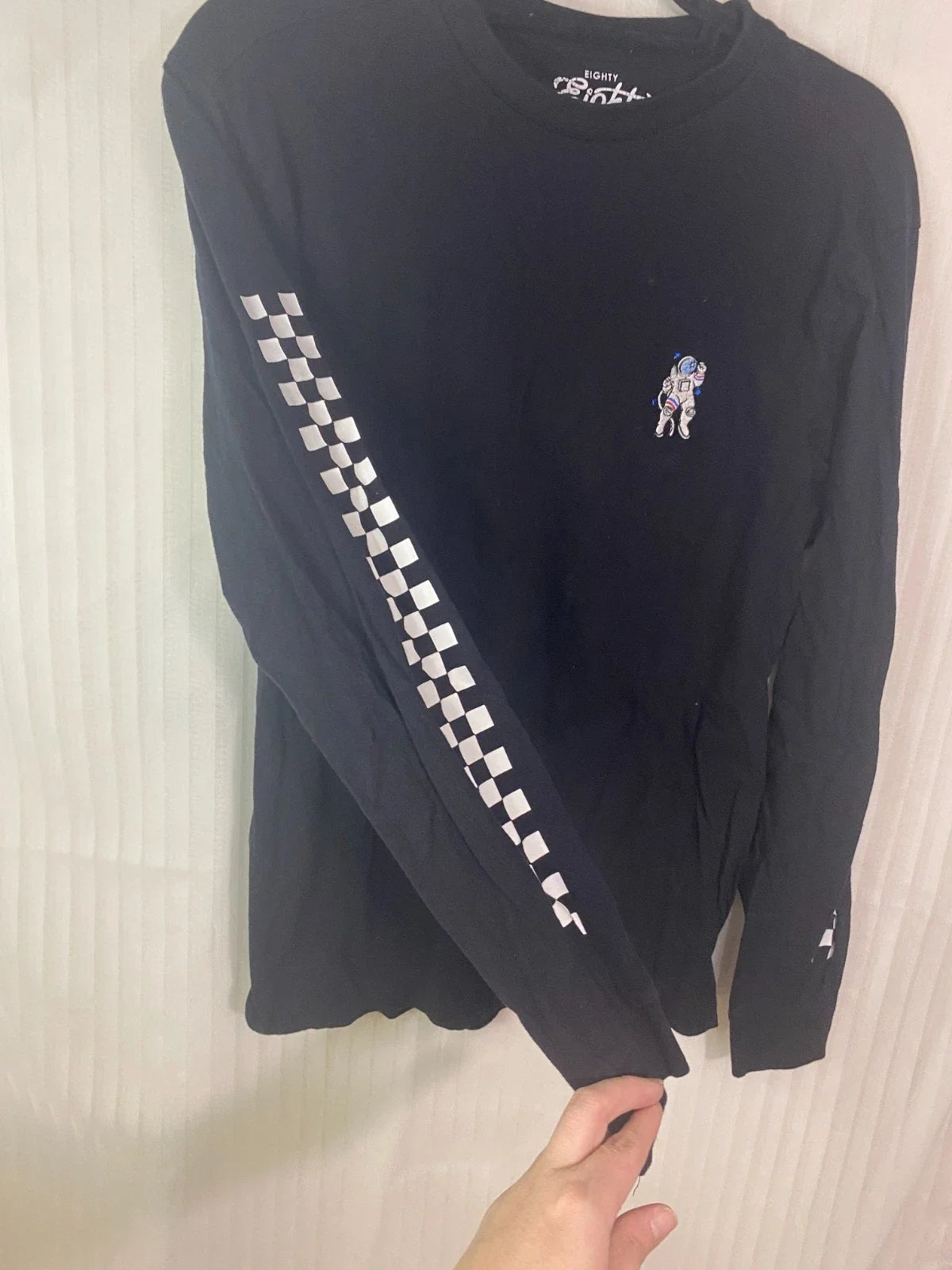 Eighty Eight Brand Astronaut Long Sleeve T Shirt Black Checker Sleeve Graphic Me