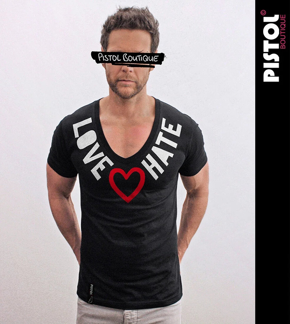 Pistol Boutique Men's T-Shirt Black Deep V Love HATE Heart Cut Fitted