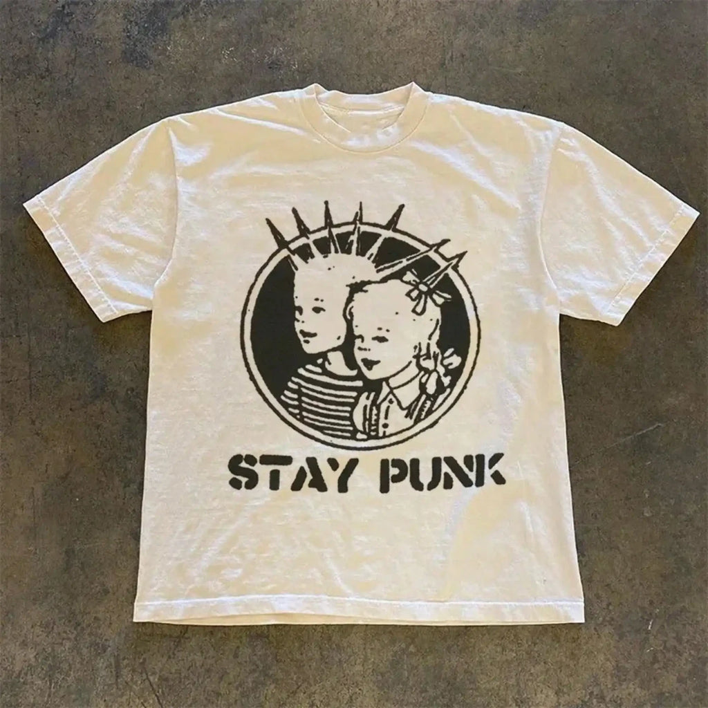 Stay Punk Retro Printed Letter T-Shirt Cartoon Pattern Summer Street Style T-Shi