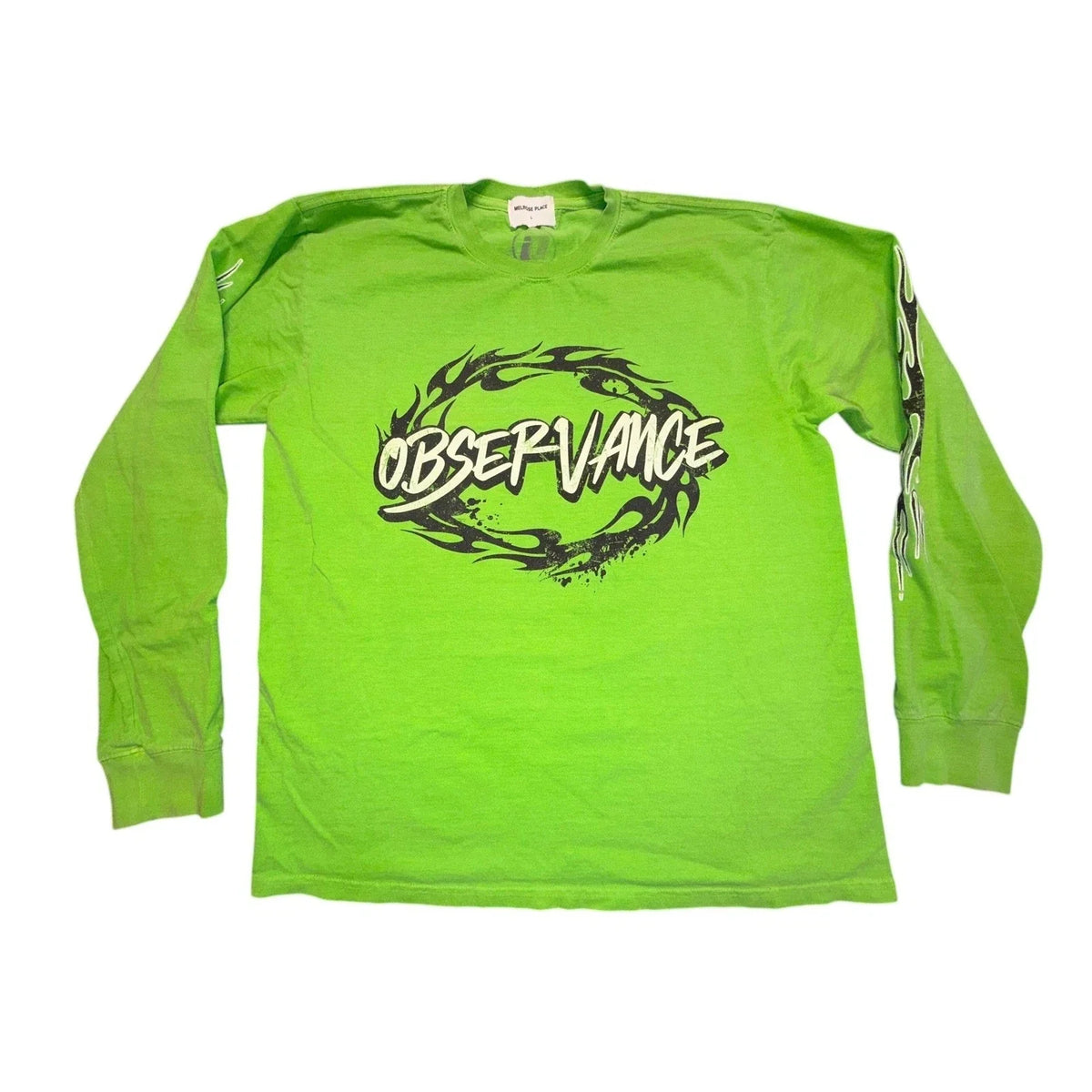 Melrose Place Mens Observance Graphic Long Sleeve T-Shirt Neon Green Flame L