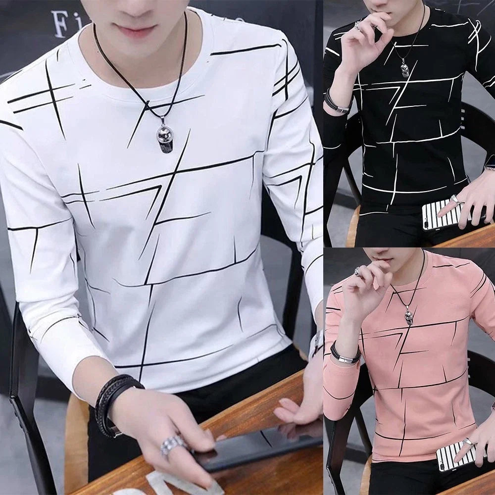 Mens Crewneck Printed T-Shirt Shirt Pullover Long Sleeve Slim Muscle Tops