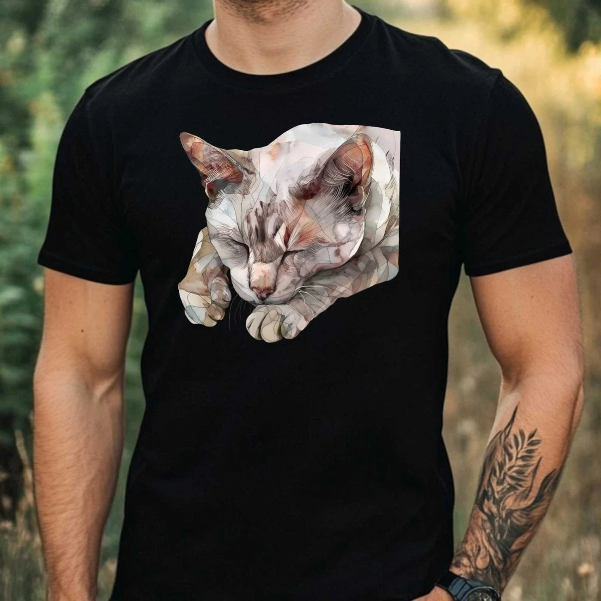 Mens Watercolour Cat Print Cotton T-Shirt Size XS to 5XL