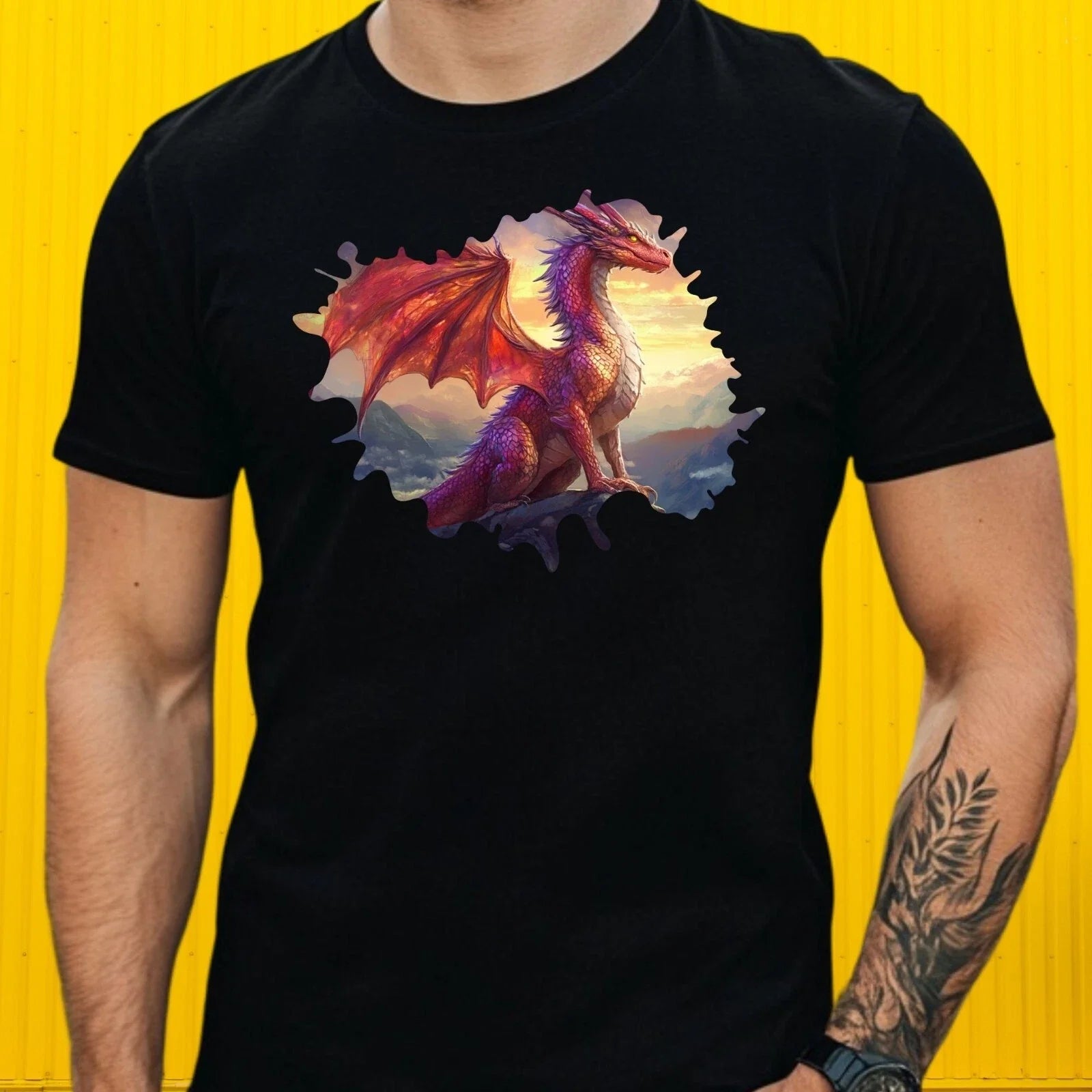 Mens Magical Dragon Theme Cotton T-Shirt Size XS to 5XL