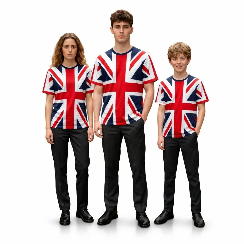 Union Jack T Shirt UK Flag Tee Unisex 100% Cotton Kids Adults Crew Neck