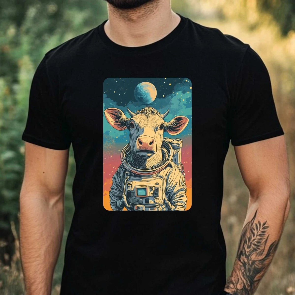 Mens Cow as Astronaut Motif Cotton T-Shirt Size XS to 5XL