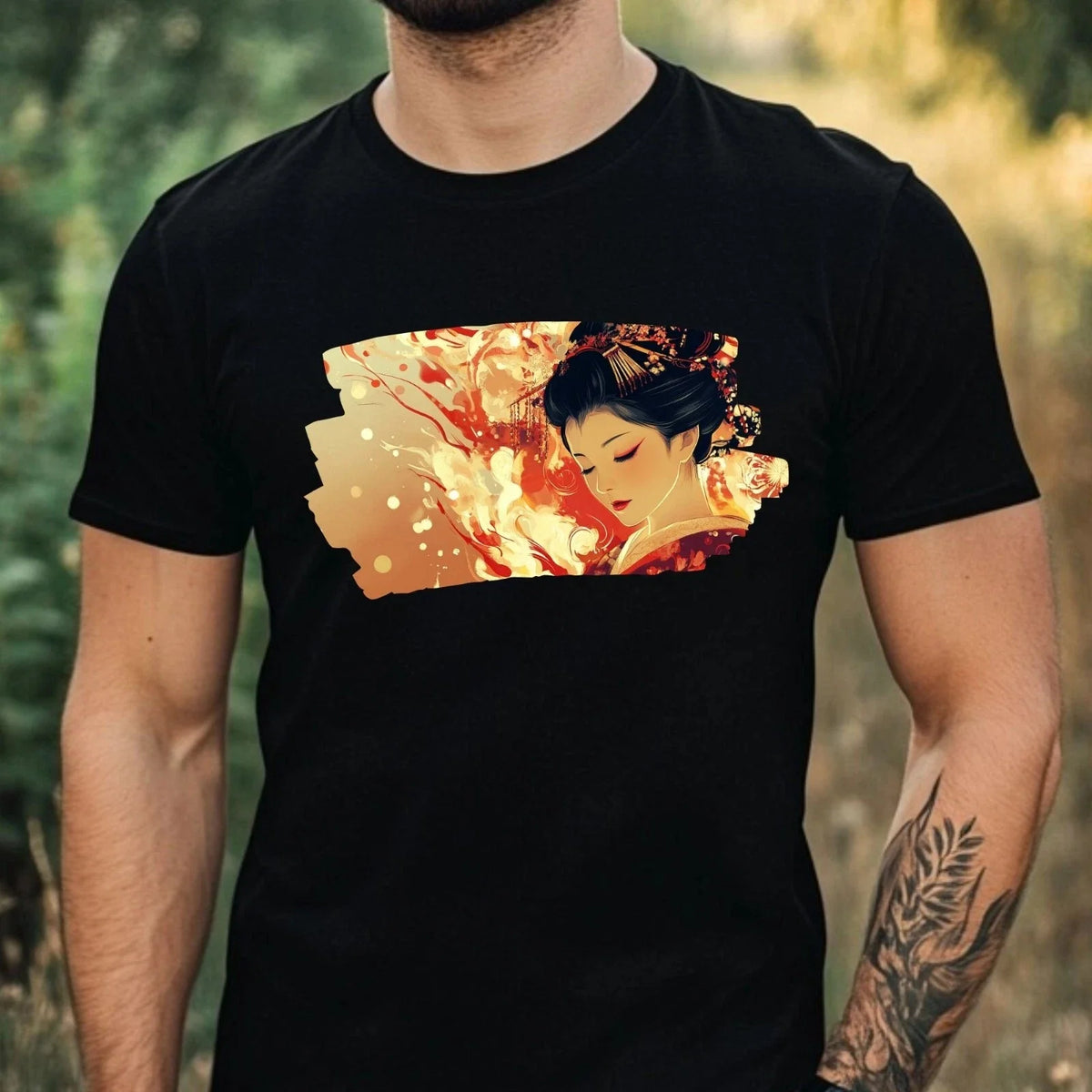 Mens Geisha on Fire Motif Cotton T-Shirt Size XS to 5XL