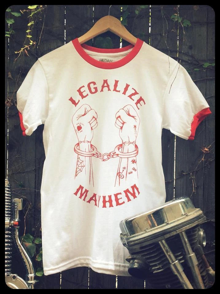 LEGALIZE MAYHEM handcuffed freedom tee outlaw biker chopper panhead springer