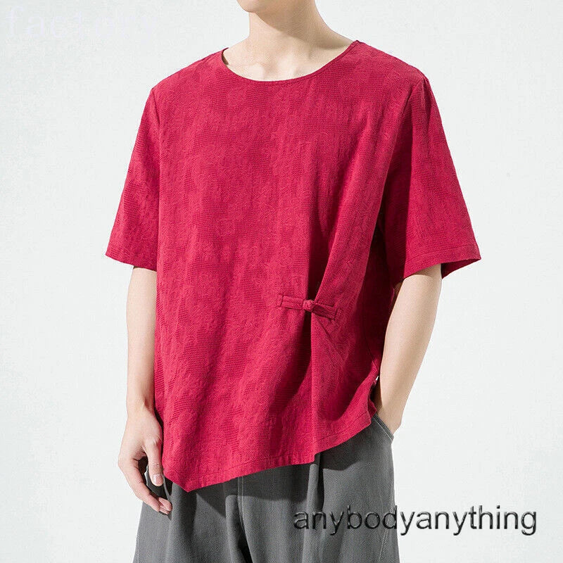 Mens Casual Chinese Cotton Linen Blend Tops Summer Hanfu Short Sleeve Loose Tee
