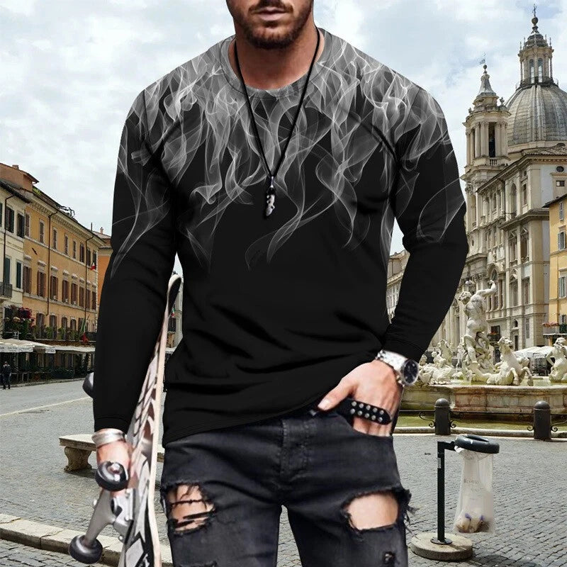 Mens Vintage Fashion Streetwear White Smoke Black T Shirt Long Sleeve Casual Tee