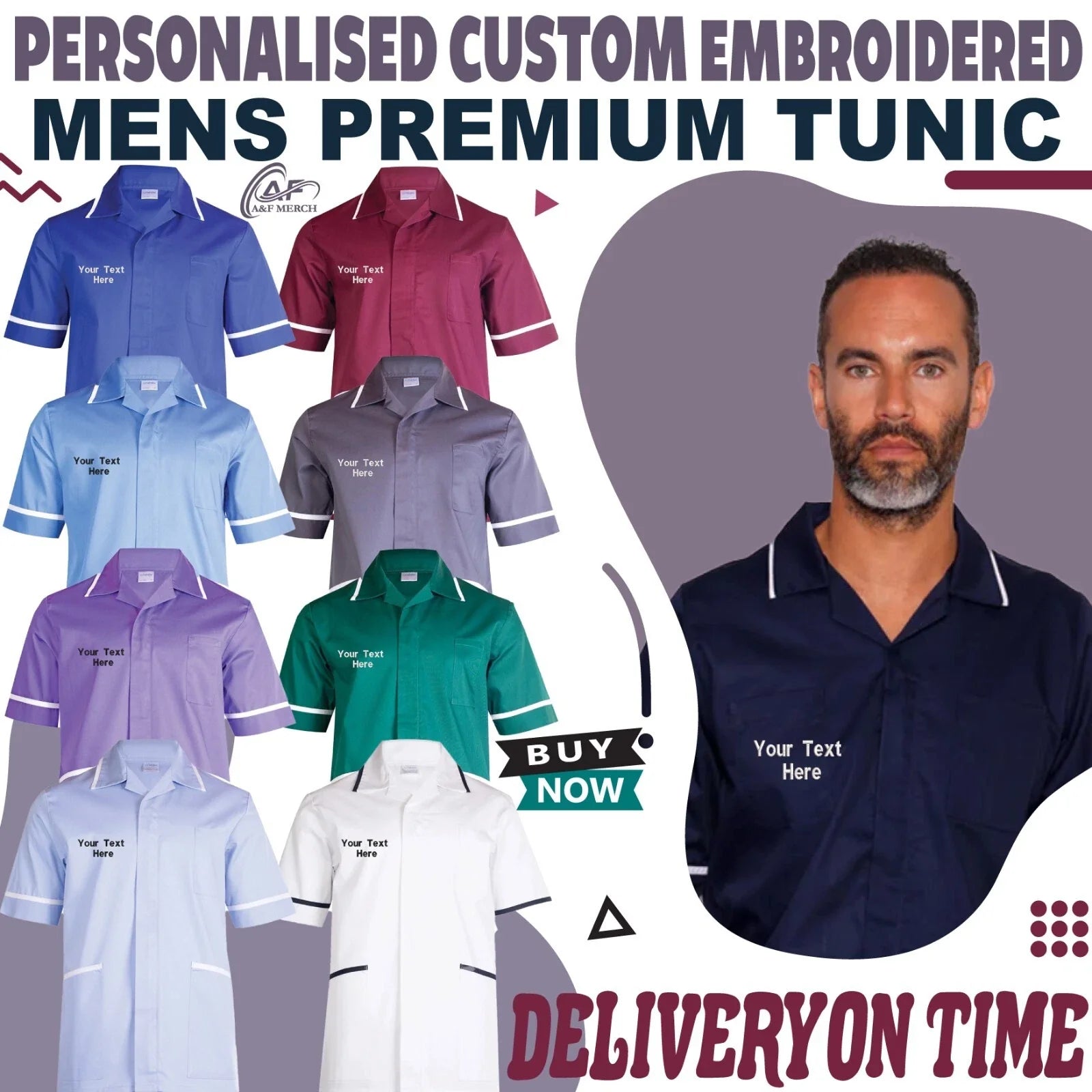 Personalised Custom Embroidered Mens Premium Tunic Health Care Staff Salon Spa