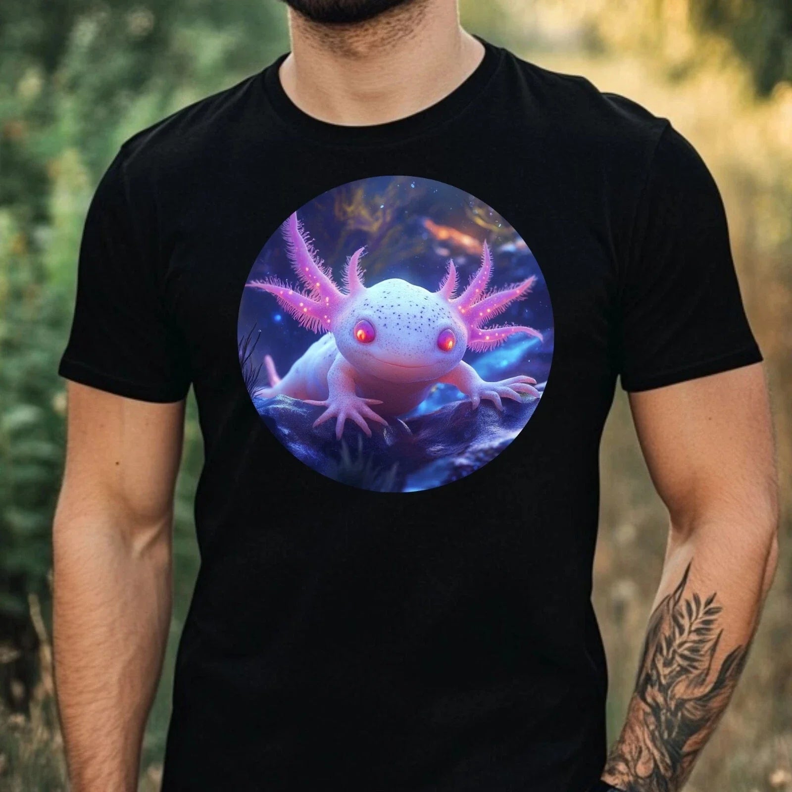 Mens Axolotl Glowing Eyes Print Cotton T-Shirt Size XS to 5XL