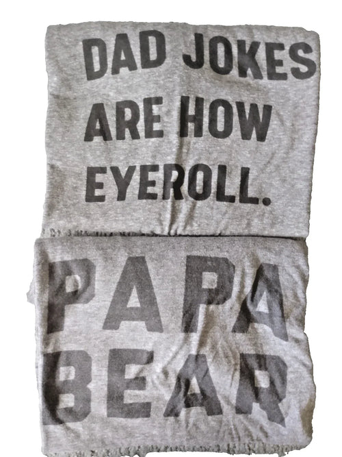 "PAPA BEAR" and "DAD JOKES ARE HOW EYEROLL" two XL heather gray t-shirts